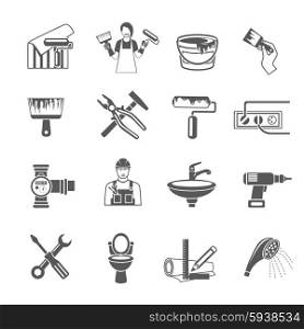 Home repair black icons set with housework and renovation tools isolated vector illustration. Home Repair Icons Set