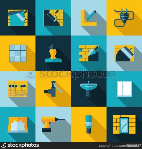 Home repair diy renovation icons set with wall building plumbing electricity isolated vector illustration