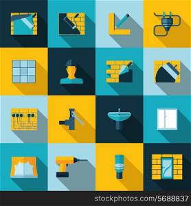 Home repair diy renovation icons set with wall building plumbing electricity isolated vector illustration