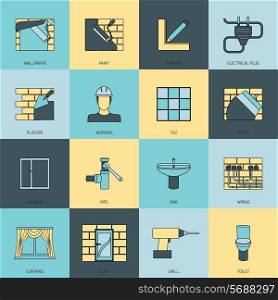 Home repair flat line icons set with wallpaper paint marking isolated vector illustration