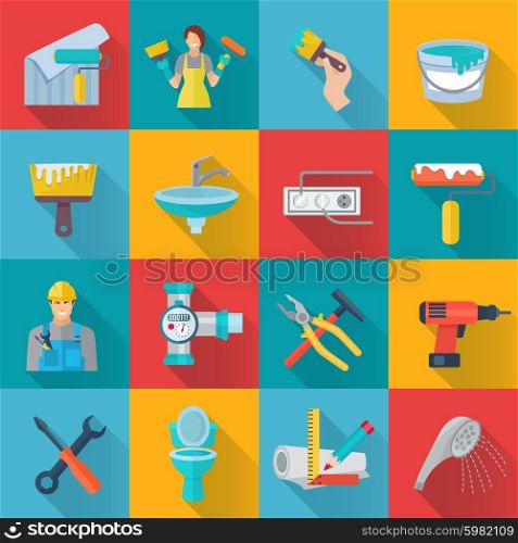 Home repair flat long shadow icons set with diy tools isolated vector illustration. Home Repair Icons Set