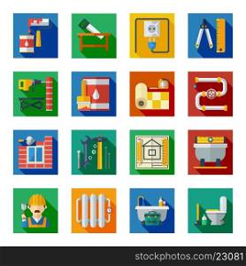 Home Repair Flat Square Icons Set. Home repair refurnishing and innovation service tools and utensils flat colorful square icons collection abstract vector isolated illustration