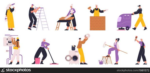 Home repair, house renovation workers, plumber, electrician, painter. Repair service workers and cleaner vector illustration set. Professional home repair workers. Repair worker and renovation. Home repair, house renovation workers, plumber, electrician, painter. Repair service workers and cleaner characters vector illustration set. Professional home repair workers