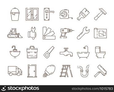 Home repair icons. Construction building engineer supplies service vector set of thin line symbols. Building construction repair icons collection illustration. Home repair icons. Construction building engineer supplies service vector set of thin line symbols