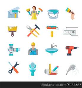 Home repair icons flat set with working instruments isolated vector illustration. Home Repair Icons Flat Set