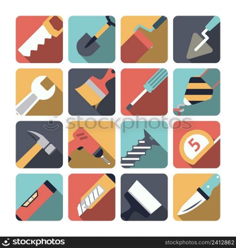 Home repair instruments pictograms set flat with shadow of paint brush and retractable knife isolated vector illustration