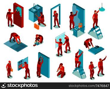 Home repair isometric color set with worker in red uniform performing various works indoors isolated vector illustration