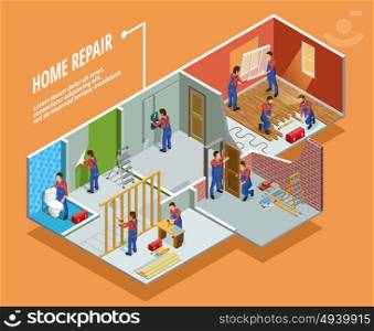 Home Repair Isometric Template. Home repair isometric template with painting carpentry installation of toilet door and window isolated vector illustration