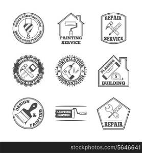 Home repair panting service quality building installation design labels set with black tools icons isolated vector illustration