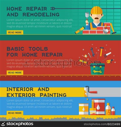 Home Repair Service Flat Banners Ser. Home repair and remodeling service homepage design 3 flat horizontal interactive banners set abstract vector isolated illustration