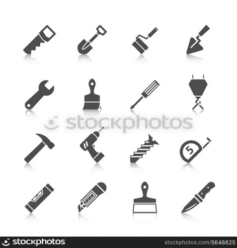 Home repair tools graphic icons set with hammer saw screwdriver spade and drill black vector isolated illustration