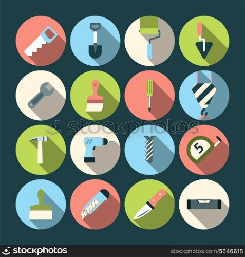 Home repair tools round solid icons set with paint brush and knife abstract shadow isolated vector illustration