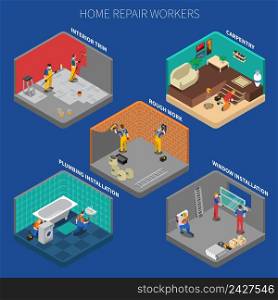 Home repair worker people composition set with five isolated elements about carpentry rough work interior trim and other descriptions vector illustration. Home Repair Worker People Composition Set
