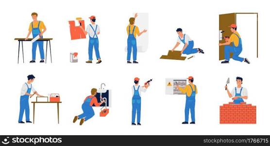 Home repair workers. Cartoon house maintenance. Construction brigade make renovation. Painter glues wallpaper and workman builds brick wall. Plumber works with sewerage. Vector isolated repairmen set. Home repair workers. House maintenance. Construction brigade make renovation. Painter glues wallpaper and workman builds brick wall. Plumber works with sewerage. Vector repairmen set