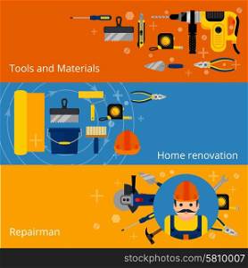 Home repairs and renovation banners. Home repairs and renovation horizontal concept banners with flat style power and hand tools and workman isolated vector illustration