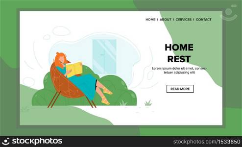 Home Rest Girl With Book Sitting In Chair Vector. Young Woman Sit In Comfortable Armchair And Reading Literature, Home Rest And Relaxation. Character In Garden Web Flat Cartoon Illustration. Home Rest Girl With Book Sitting In Chair Vector