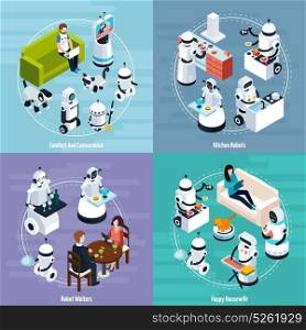 Home Robots 2x2 Isometric Design Concept. Kitchen and housewife home robots 2x2 isometric design concept of cleaning washing cooking waiters functions vector Illustration