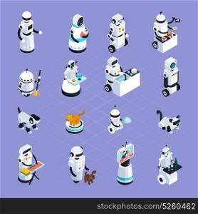 Home Robots Isometric Collection. Home robots collection helping and replacing people in different activities in isometric style isolated vector illustration