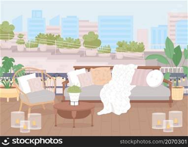 Home rooftop flat color vector illustration. Comfy sofa with pillows and blankets. Couch on roof for hygge lifestyle. Nordic style 2D cartoon outdoor scene with furnishing and plants on background. Home rooftop flat color vector illustration