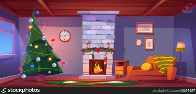 Home room at Christmas night, empty interior with burning fireplace, candles, gift socks, decorated fir tree with garlands and cozy sofa with pillow and plaid. Xmas eve Cartoon vector illustration. Home room at Christmas night, empty interior, eve