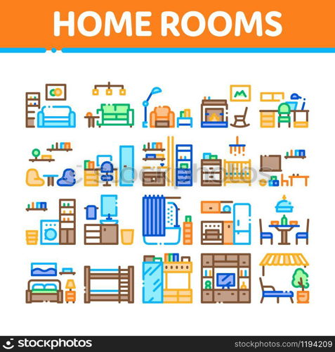 Home Rooms Furniture Collection Icons Set Vector Thin Line. Sofa And Table, Lamp And Chair, Fireplace And Rocking-chair Home Rooms Interior Concept Linear Pictograms. Color Contour Illustrations. Home Rooms Furniture Collection Icons Set Vector