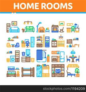 Home Rooms Furniture Collection Icons Set Vector Thin Line. Sofa And Table, Lamp And Chair, Fireplace And Rocking-chair Home Rooms Interior Concept Linear Pictograms. Color Contour Illustrations. Home Rooms Furniture Collection Icons Set Vector