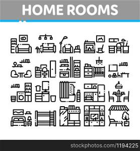 Home Rooms Furniture Collection Icons Set Vector Thin Line. Sofa And Table, Lamp And Chair, Fireplace And Rocking-chair Home Rooms Interior Concept Linear Pictograms. Monochrome Contour Illustrations. Home Rooms Furniture Collection Icons Set Vector