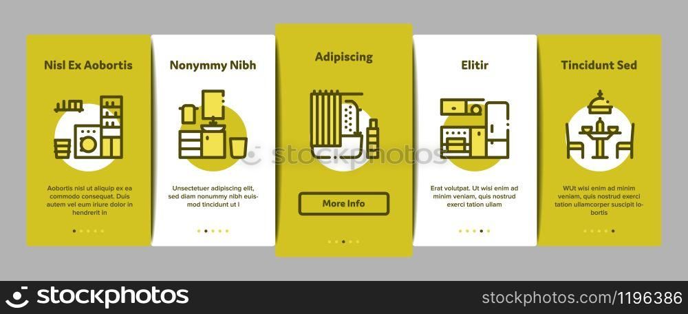 Home Rooms Furniture Onboarding Mobile App Page Screen Vector. Sofa And Table, Lamp And Chair, Fireplace And Rocking-chair Home Rooms Interior Concept Linear Pictograms. Color Contour Illustrations. Home Rooms Furniture Onboarding Elements Icons Set Vector