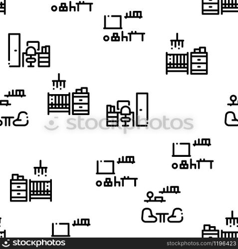 Home Rooms Furniture Seamless Pattern Vector Thin Line. Illustrations. Home Rooms Furniture Seamless Pattern Vector