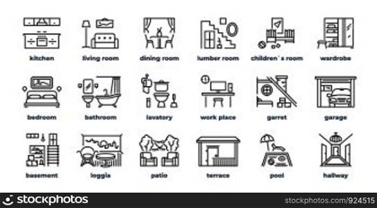 Home rooms line icons. Living room bedroom kitchen bathroom simple outline flat pictograms. Vector design home interior furniture set. Home rooms line icons. Living room bedroom kitchen bathroom simple outline pictograms. Vector home furniture set