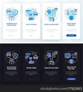 Home safety onboarding mobile app page screen set. Pets observation walkthrough 4 steps graphic instructions with concepts. UI, UX, GUI vector template with linear night and day mode illustrations. Home safety onboarding mobile app page screen set