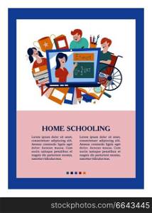 Home schooling in a large family. A wheelchair-disabled boy is educated at home. Learning online. Vector illustration. The concept of home schooling.. Home schooling. Vector illustration. A wheelchair user is educated at home.