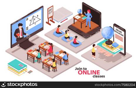 Home schooling isometric composition with online classes symbols isolated vector illustration