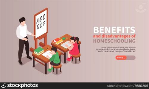 Home schooling isometric horizontal banner with benefits and disadvantages symbols vector illustration