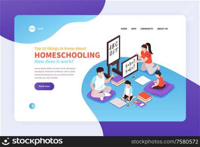 Home schooling isometric page design with online education symbols vector illustration
