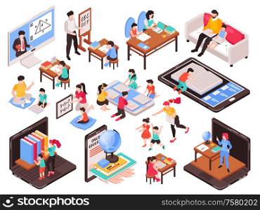 Home schooling isometric set with family and education symbols isolated vector illustration