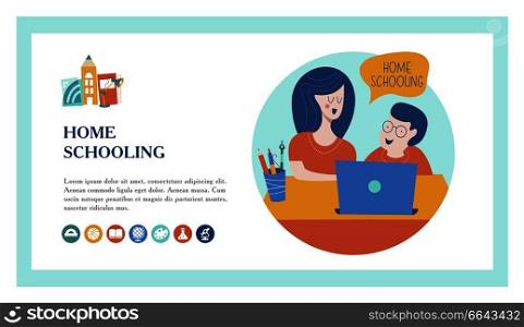Home schooling. Mom helps the child learn. Education in comfortable conditions. The template of the landing page. Vector illustration in flat style. Set of vector icons.. Home schooling. The concept of getting a good education at home. Vector illustration in flat style.