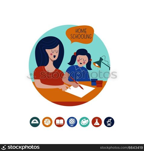 Home schooling. Mom helps the child learn. Education in comfortable conditions. Set of vector icons. Vector illustration in flat style.. Home schooling. The concept of getting a good education at home. Vector illustration in flat style.