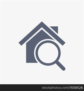 Home search Icon. Vector illustration isolated on gray background.. Home search Icon. Search home symbol. Vector illustration isolated on gray background.