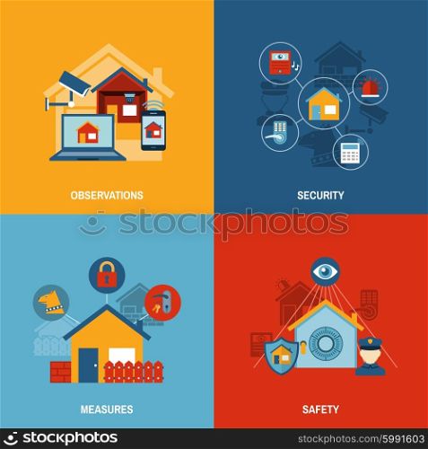 Home security 4 flat icons square . Wireless remote controlled security camera system with monitor 4 flat icons square composition flat abstract vector illustration
