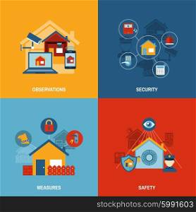 Home security 4 flat icons square . Wireless remote controlled security camera system with monitor 4 flat icons square composition flat abstract vector illustration