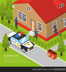 Home Security Alarm Response Isometric Illustration . Action security system burglar alarm response isometric placard with running police officer approaching thief abstract vector llustration