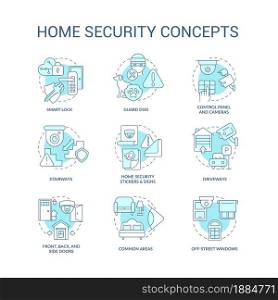 Home security blue concept icons set. Smart house idea thin line color illustrations. Camera surveillance. Internet of things. Burglary prevention. Vector isolated outline drawings. Editable stroke. Home security blue concept icons set