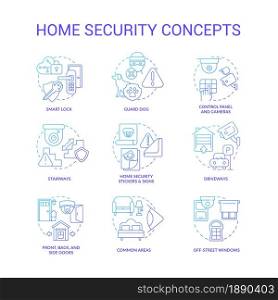 Home security blue gradient concept icons set. Smart house idea thin line color illustrations. Camera surveillance. Internet of things. Burglary prevention. Vector isolated outline drawings.. Home security blue gradient concept icons set