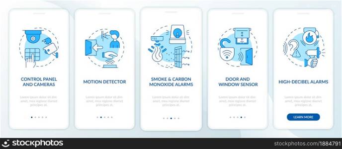 Home security blue onboarding mobile app page screen. Detectors and alarms walkthrough 5 steps graphic instructions with concepts. UI, UX, GUI vector template with linear color illustrations. Home security blue onboarding mobile app page screen