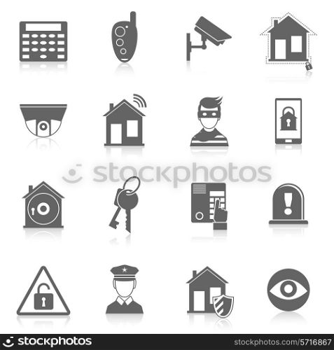 Home security burglar alarm system black icons set isolated vector illustration