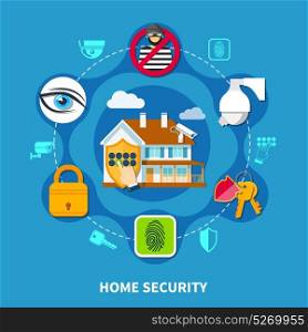 Home Security Concept. Home security concept with protection symbols on blue background flat vector illustration