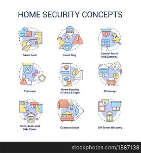 Home security concept icons set. Smart house idea thin line color illustrations. Camera surveillance. Internet of things. Burglary prevention. Vector isolated outline drawings. Editable stroke. Home security concept icons set