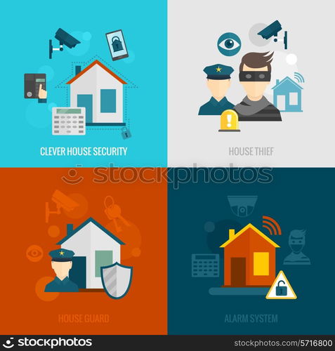 Home security flat icons set with clever house thief guard alarm system isolated vector illustration