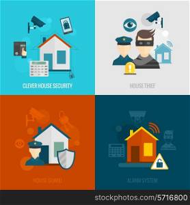 Home security flat icons set with clever house thief guard alarm system isolated vector illustration